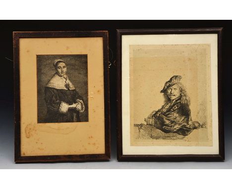 AFTER REMBRANDT Polychrome engraving, self portrait, 23 x 18.5cm and another study of a woman, 15 x 10.5cm (2) 
