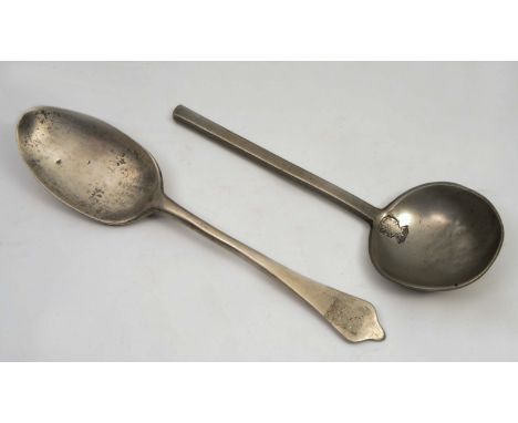 AN OLD DUTCH PEWTER SPOON, the circular bowl with rose and crown touchmark and initials HK together with an antique English p