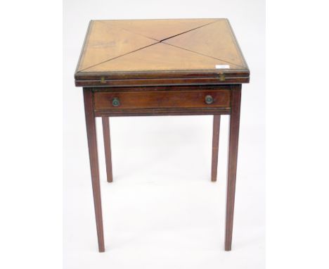 AN EDWARDIAN MAHOGANY SQUARE ENVELOPE CARD TABLE with inlaid decoration, green baize playing surface, one drawer and on taper