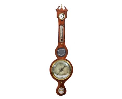 A 19TH CENTURY MAHOGANY DIAL BAROMETER with swan neck pediment and silvered dial to the hydrometer, thermometer, barometer an