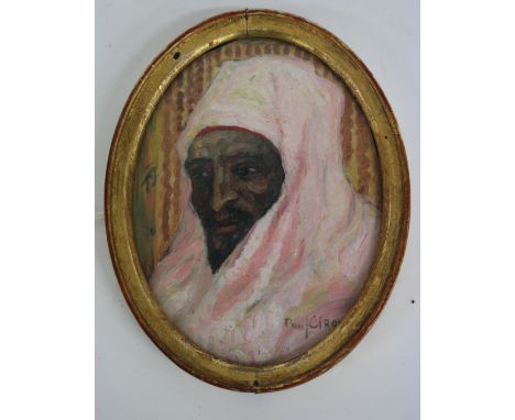 PAUL CIROU (1869-1951) MINIATURE SHOULDER LENGTH PORTRAIT OF AN ARAB GENTLEMAN, watercolour and body colour, signed, 7.9cm x 