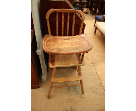 A CHILD'S HIGH CHAIR together with a table lamp of classical column form, a candelabra with five scrolling arms (3) 