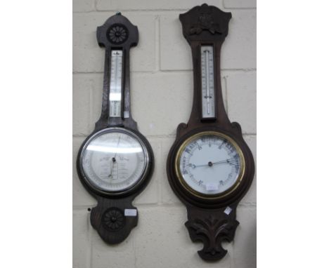 E. MORGAN, Leominster, oak cased aneroid barometer, 84cm high, two further aneroid barometers (3)