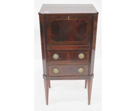 A GEORGE III MAHOGANY ESCRITOIRE DESK, the top with cross banded decoration stringing, the fall front enclosing a fitted inte