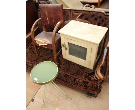 A CREAM PAINTED GREEN SEATED CIRCULAR ADJUSTABLE STOOL on tripod base together with a 1940's child's chair and a painted game