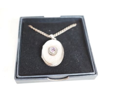 Silver locket & chain amethyst stone 