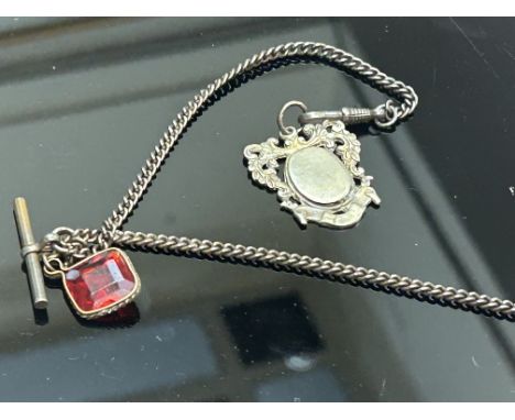 Albert chain with t-bar, silver fob & 1 other fob 