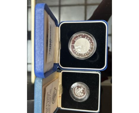 Silver proof one pound coin & Silver proof 5 pound coin 