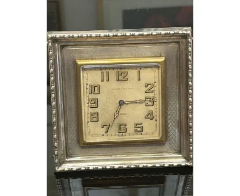 Walker & Hall art deco silver mantle clock 11 cm x 12 cm (1930, Sheffield hallmark)