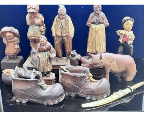 Collection of carved wood figures (Goebel style) some signed 
