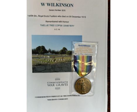 WW1 Victory medal awarded to Pte W Wilkinson, service no 9215, 1/5th Royal Scots Fusiliers KIA 29th December 1915 Twelve Tree