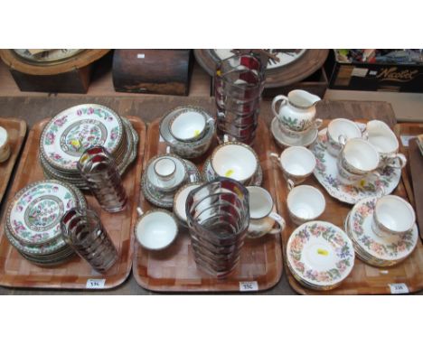 Three trays of assorted china and glass to include: Anchor china 'Indian Tree' teaware; Paragon 'Country Lane' teaware and Fr