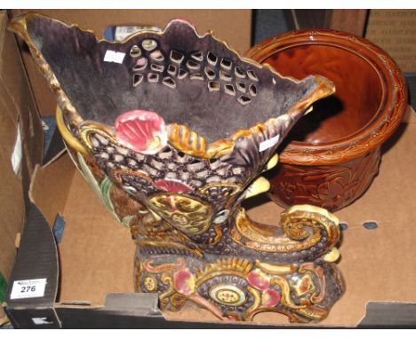 Portmeirion Pottery brown ground relief foliate planter together with a Majolica floral planter and another, probably Contine