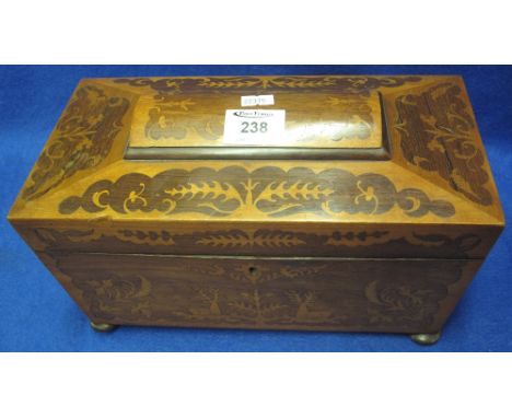 19th Century sarcophagus shaped, inlaid, tea caddy with fitted interior, revealing two tea holders and glass mixing bowl.