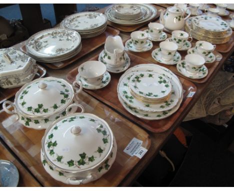 Four trays of Colclough bone china 'Ivy' design tea and dinnerware items comprising: teacups and saucers; teapot; milk jug; s