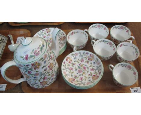 Tray of Minton 'Hadden Hall' bone china teaware comprising: teacups and saucers; side plates and teapot.