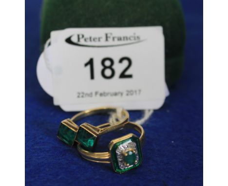 14ct emerald and diamond square step ring together with another gold two stone emerald ring. (2)   CONDITION REPORT:  Minor n