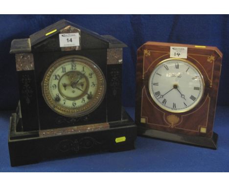 Late Victorian black slate and marble two train architectural mantel clock, together with a modern quartz mantel clock in inl