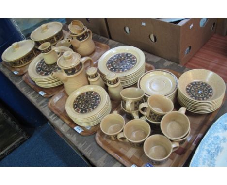 Four trays of studio pottery: J&G. Meakin items to include: mugs; saucers; coffee pot; plates; tureens etc. (4)