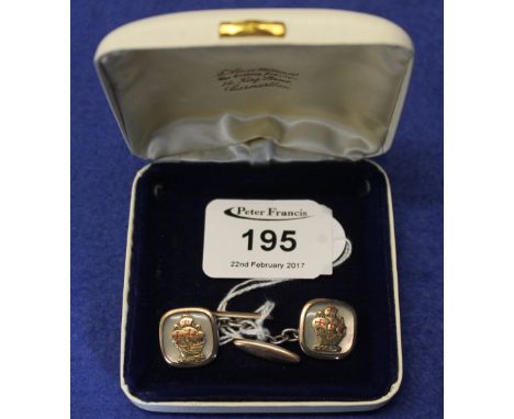 Pair of Rocha yellow and white metal mother-of-pearl backed cuff links with ship motifs, cased.
