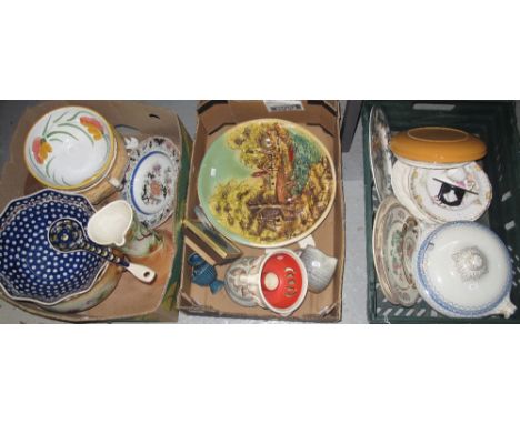 Three trays of assorted china to include: pair of pottery wall chargers; blue and white tureen; floral plates; bowl and match