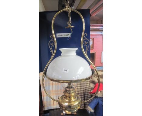Lampe Veritas brass hanging oil lamp burner with cream shade.