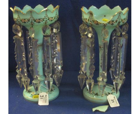 Pair of late Victorian opaline glass vase lustres, having crenulated rims, and being painted with swags of coloured enamel fl