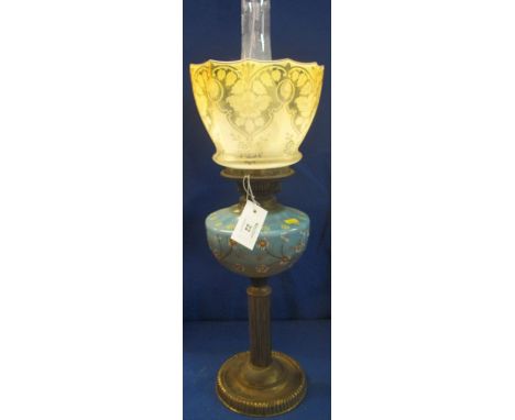 Early 20th Century brass double burner oil lamp with painted glass reservoir and brass pedestal base, coloured frosted glass 
