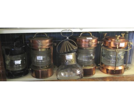 Pair of copper and brass ship's lanterns marked: Top Light, together with another copper and brass ship's lantern and another
