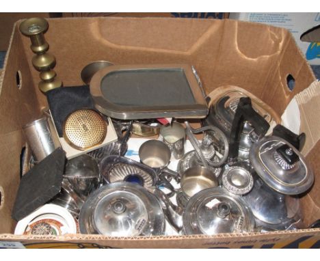 Box of assorted metalware to include: various silver plated tea services; table candelabrum; candlesticks; jugs; Stratton com