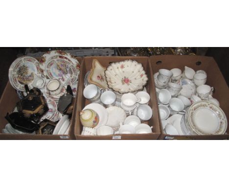 Three boxes of assorted china to include: Clarice Cliff honey jar and cover (AF); Victorian black ground teapot on stand; var