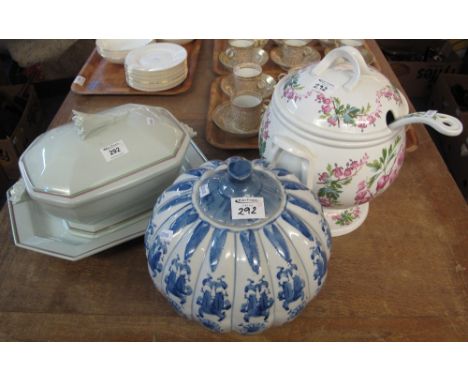 Portmeirion 'Weeping Hearts' baluster pedestal tureen and ladle together with another French porcelain tureen on stand, toget