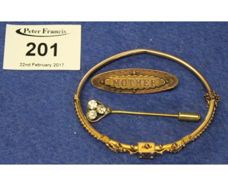 9ct gold seed pearl, red stone bangle, 'Mother' bar brooch and heart design pin. (3)