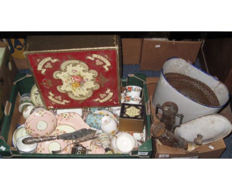 Two trays of china, metalware and other items to include: Continental coffee porcelain cup and saucer set in Royal Crown Derb