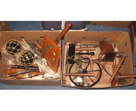 Two boxes of maritime items to include: life jacket; glass buoys; miniature ship's wheel with compass; flag; pulleys; brass a