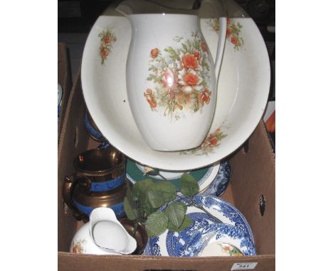 Box of assorted china to include: floral jug and basin; floral plates; copper lustre jugs etc.