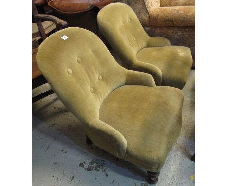 A pair of late 19th/early 20th Century upholstered button back nursing chairs. (2)