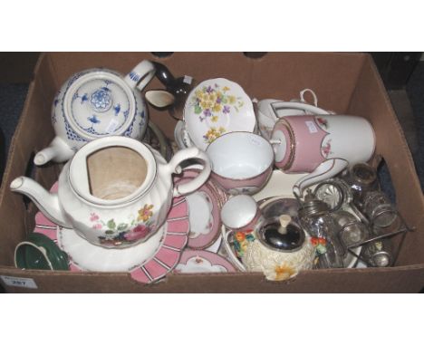 Box of assorted china and glass to include: Clarice Cliff design 'Celtic Harvest' lidded pot; various teaware, Continental et