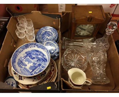 Two trays, to include a mantle clock, cut glass etc.