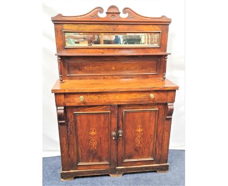 LATE VICTORIAN ROSEWOOD CHIFFONIERthe shaped raised back with a rectangular bevelled mirror with a shelf below with turned su