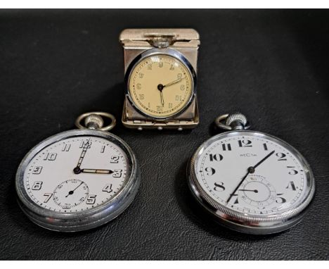 TRAVELLING CLOCK AND TWO POCKET WATCHESthe travelling clock in a folding steel case with a circular dial with Arabic numerals
