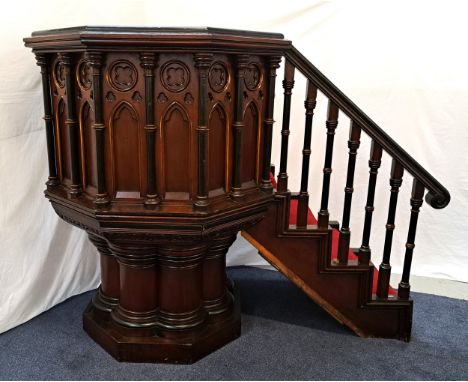 VICTORIAN CHURCH PULPIT of octagonal form, the upper section with a set of four carpeted steps with handrail to a panelled do