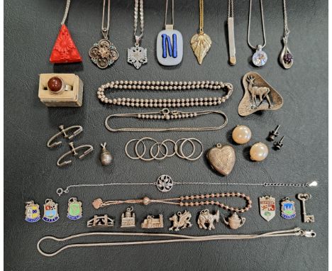 SELECTION OF MOSTLY SILVER JEWELLERYincluding a marcasite and turquoise enamel set silver pendant on silver chain, a red lacq