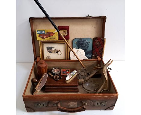 MIXED LOT OF COLLECTABLESincluding a vintage leather suitcase, a desk blotter, a mahogany box, two packs of playing cards, so