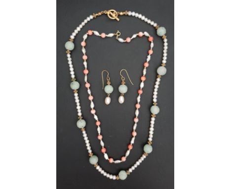 TWO PEARL AND STONE SET NECKLACESone with alternating pearls and coral beads, with nine carat gold clasp; the other with pear