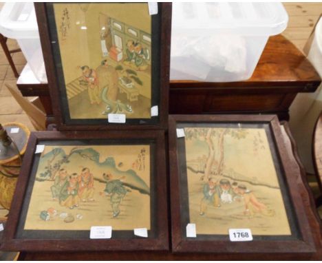 Three matching framed Chinese silk paintings, all depicting the same four children in an interior, playing games outside and 