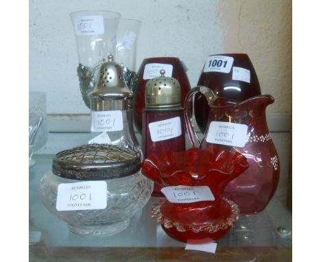 A small quantity of glassware including cranberry jug, sugar sifter, pewter overlaid wines glasses, etc.