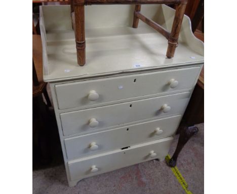 An 80cm antique later painted dressing chest with washstand splashback top and four long graduated drawers, set on bracket fe