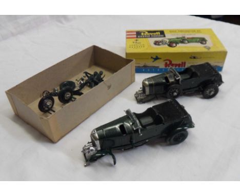 A vintage Revell model kit box for a 1929 Bentley containing two completed models of same