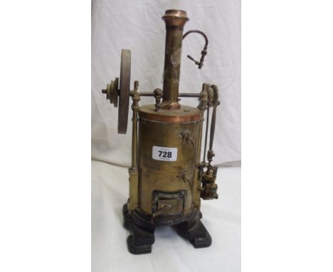 A vintage brass model vertical live steam stationary engine - burner missing